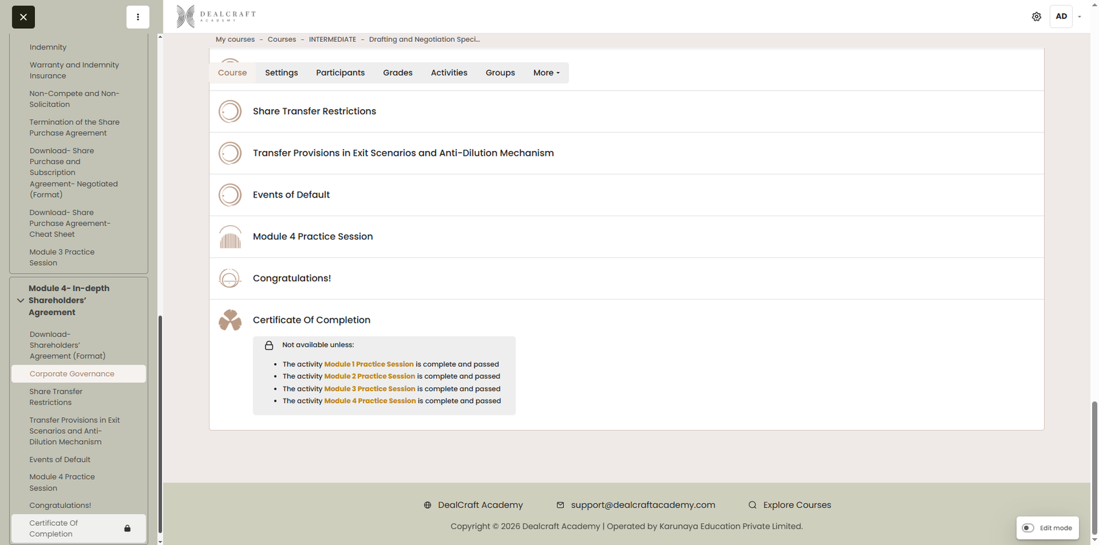 DealCraft Academy course in the Moodle LMS showing the certificate activity