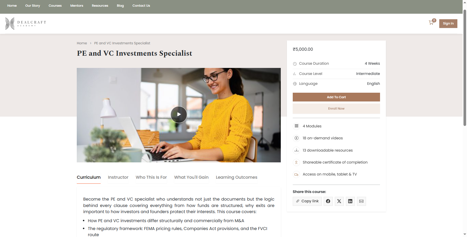 DealCraft Academy course details page on the WooCommerce storefront